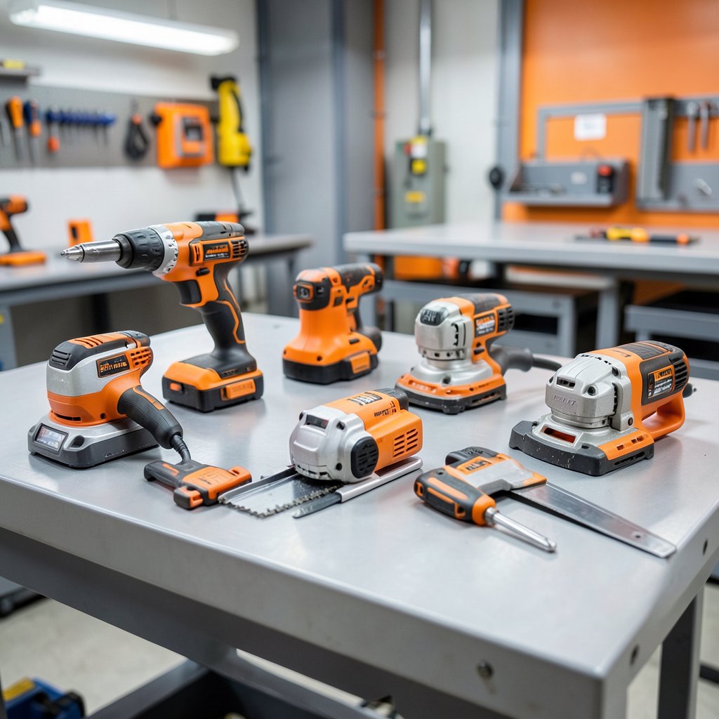 A professional high-quality photo of organized industrial power tools like drills, saws, and grinders on a clean workbench, soft industrial lighting, orange and grey accents.